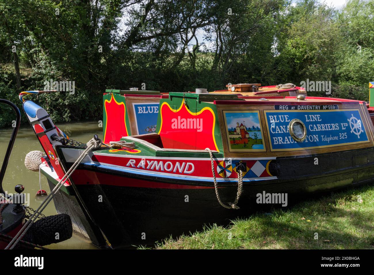 Built in 1958, Raymond is the last wooden narrowboat built in the UK; seen here on display at the Blisworth Canal Festival, Northamptonshire, UK Stock Photo