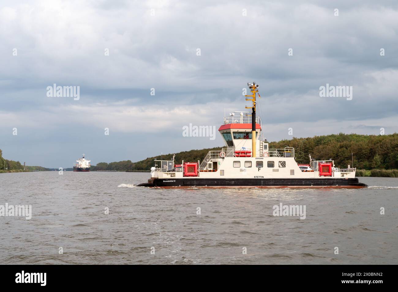 Ferry boat Stettin crossing Kiel Canal to Kudensee, Schleswig-Holstein, Germany Stock Photo