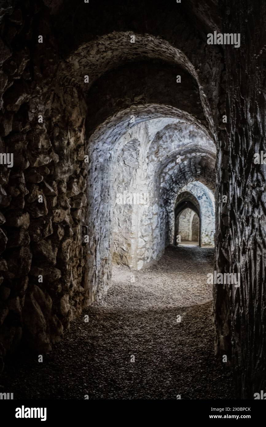 Hellfire cave complex tunnels cut into the limestone hillside in West Wycombe, Buckinghamshire. Stock Photo