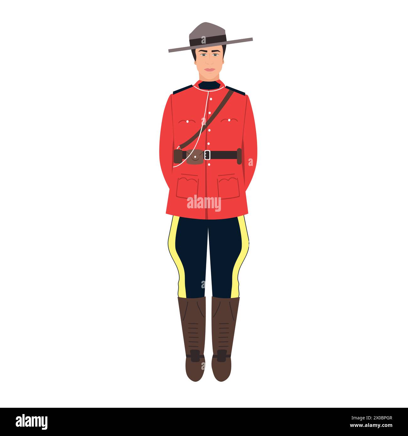 Canadian policeman in traditional uniform - scarlet tunic and breeches. Full length portrait of royal Canadian mounted police person. Cartoon vector Stock Vector
