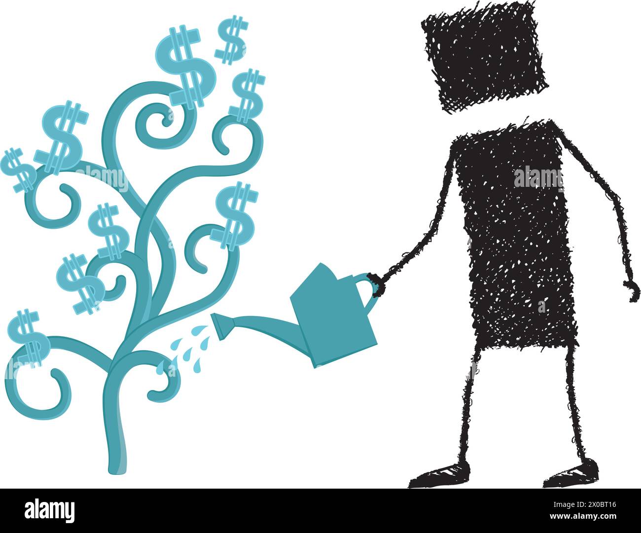 A stick figure is watering a plant. The plant has dollar symbols. Stock Vector
