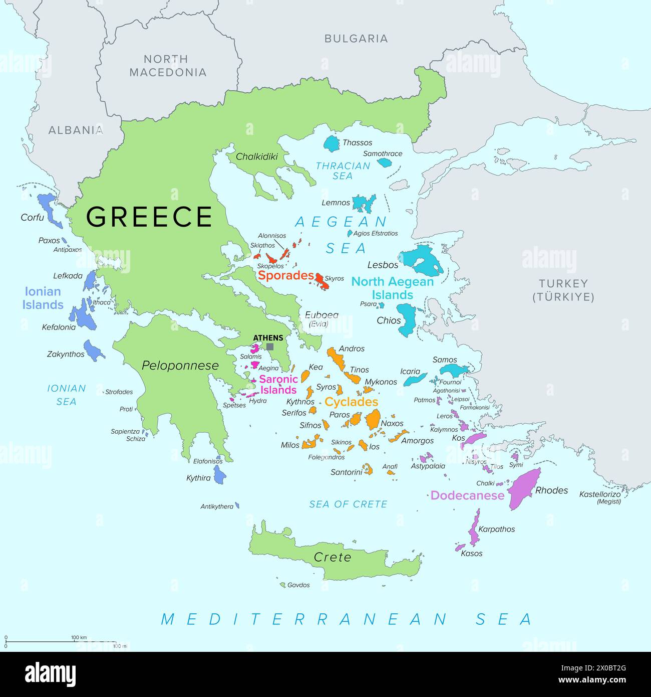 Islands of Greece, political map. Greek islands groups and clusters. The Cyclades, Dodecanese, Sporades, North Aegean, Saronic and Ionian Islands. Stock Photo