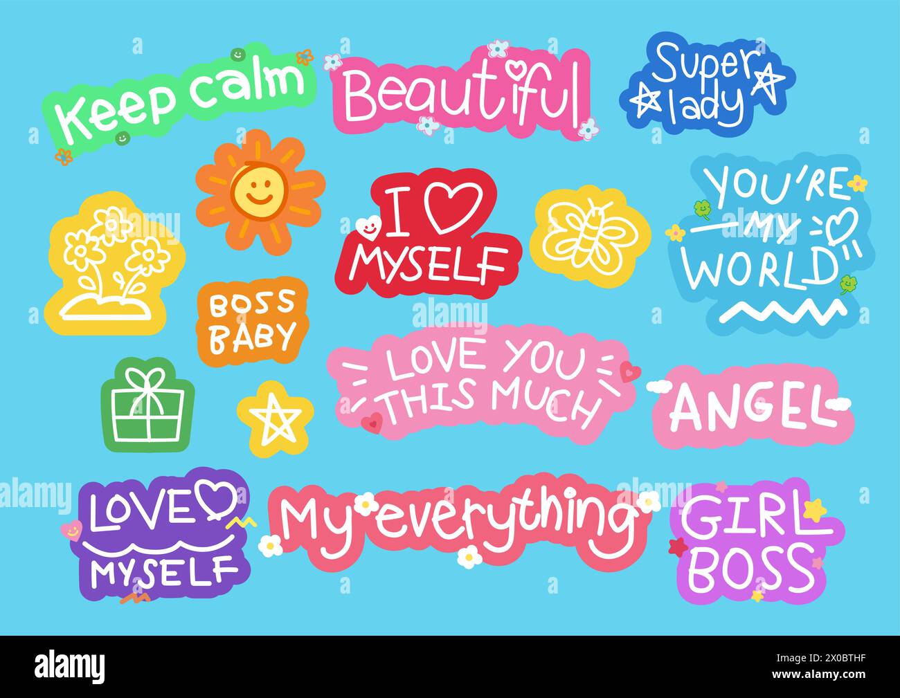Illustration of empowering words such as super lady, beautiful, keep calm, I heart myself, boss baby, angel, girl boss, my everything, love you Stock Vector