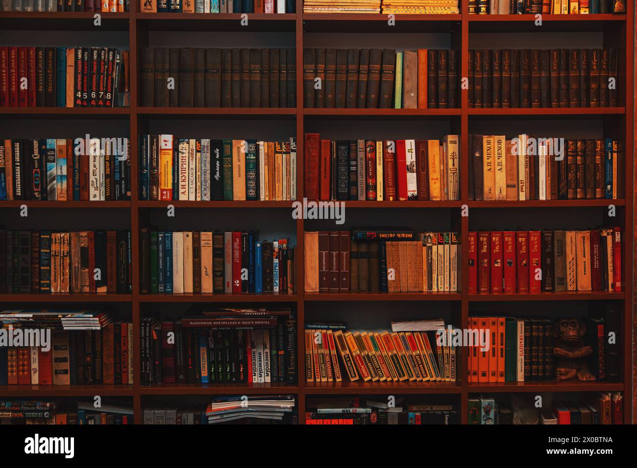Many old books on a bookshelf in the library. St. Petersburg, Russia - March 22, 2024. Stock Photo