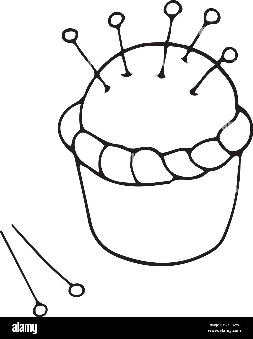 Handdrawn doodle illustration of pincushion with pins. Craft element