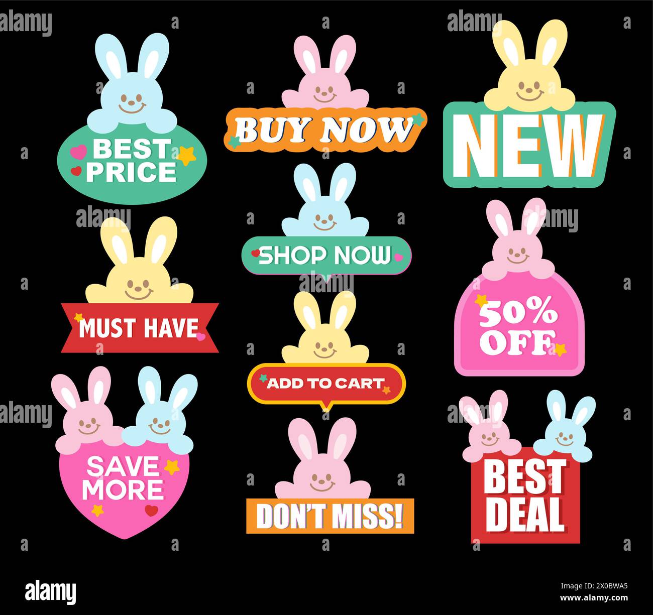 Bunny sale icons such as best price, buy now, new, must have, add to cart, 50% off for online shopping, easter promotion, card, print, discount badges Stock Vector