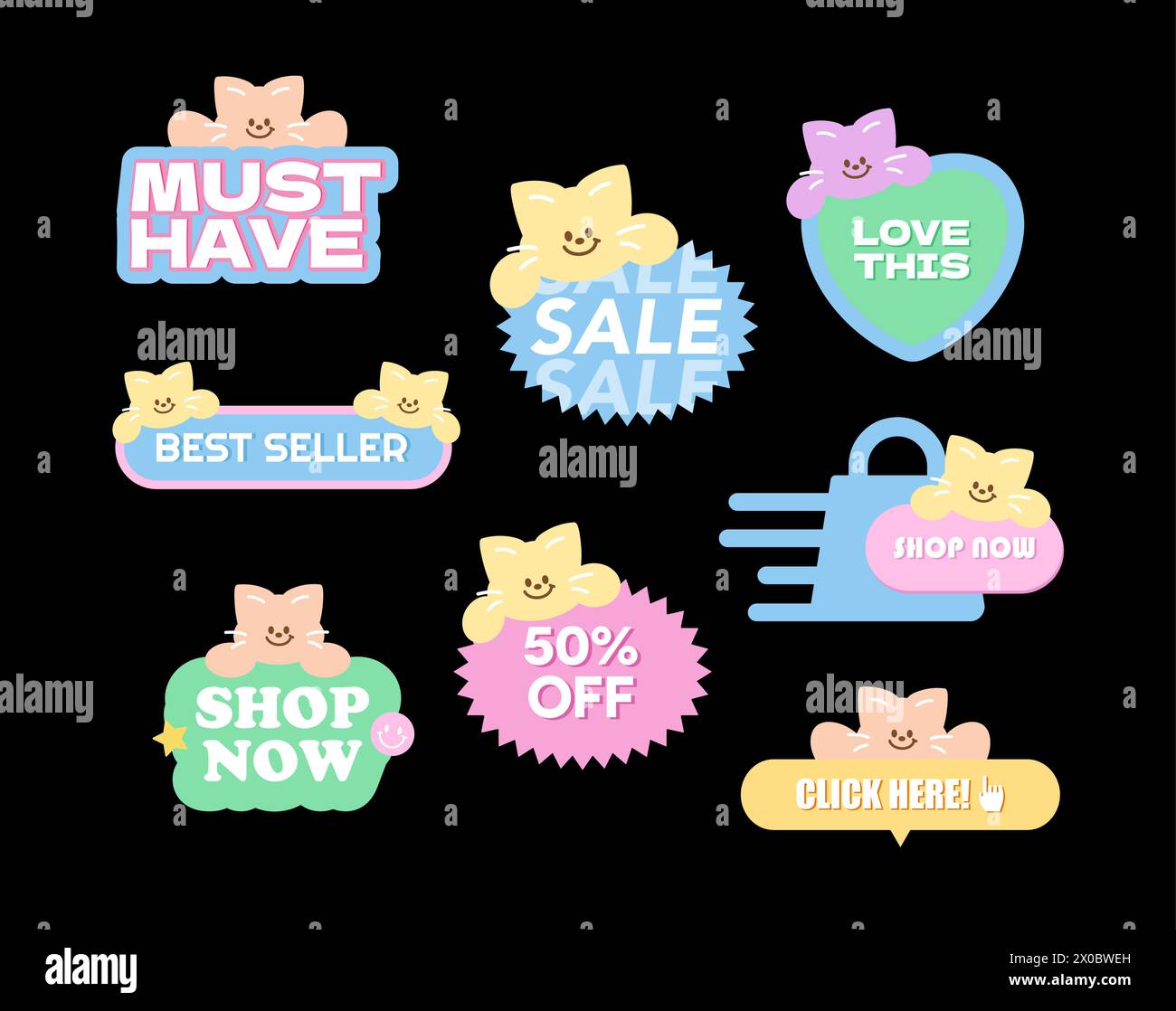 Cat sale icons such as must have, best seller, love this, shop now, 50 percent off, click here for online shopping, promotion, print, discount, ads Stock Vector