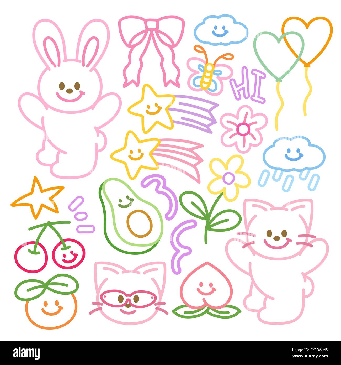 Cute doodle outlines of pink bunny, butterfly, cat, cherry, avocado, orange, peach, pink ribbon, cloud, rain, flowers, shooting star, heart balloon Stock Vector