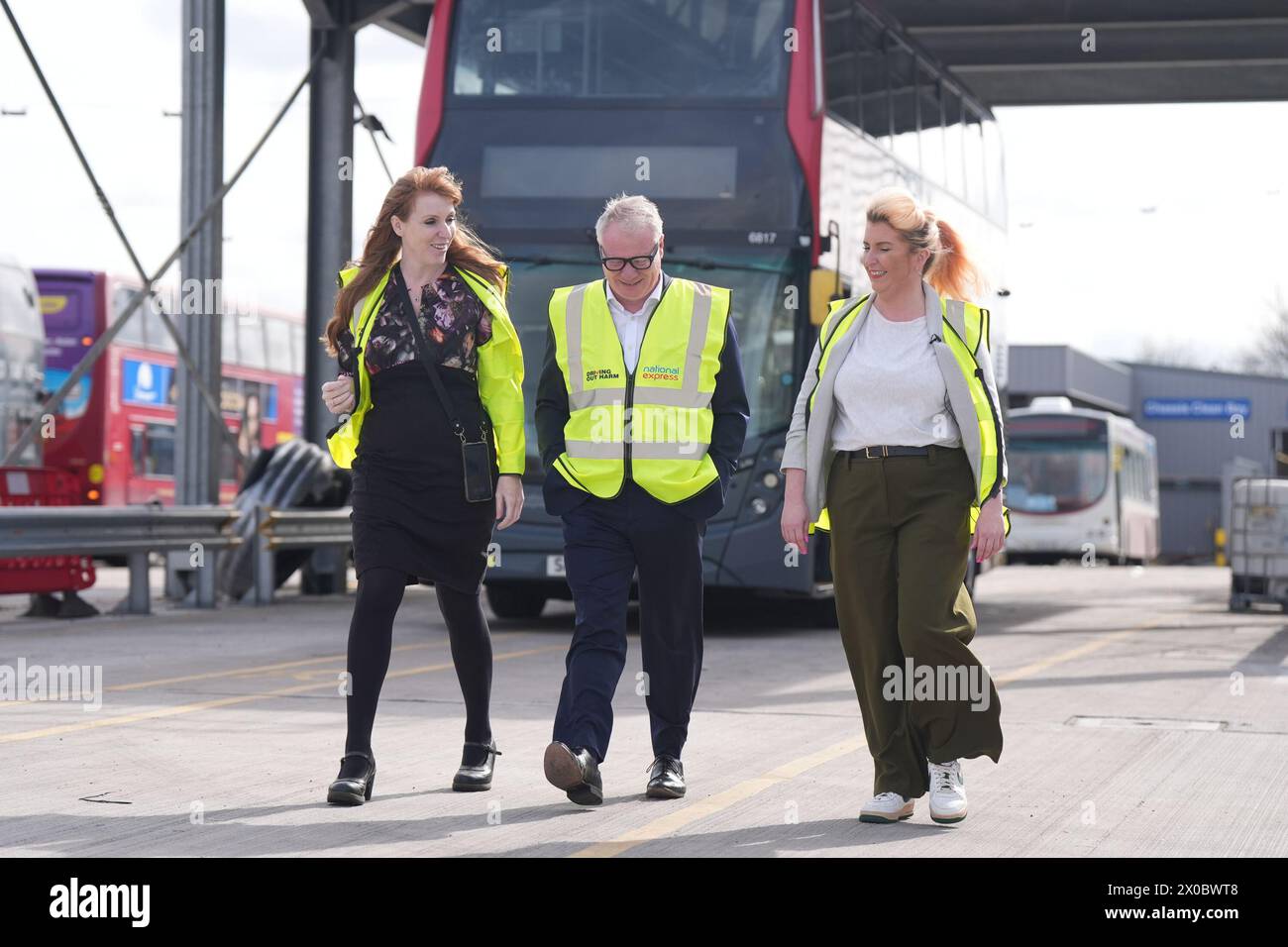 (left to right) Labour Party deputy leader Angela Rayner, Richard Parker, Labour's West Midlands mayoral candidate, and shadow transport secretary Louise Haigh, during a visit to Perry Barr bus depot in Birmingham, to set out Labour's plan for a better bus network across England. Picture date: Thursday April 11, 2024. Stock Photo