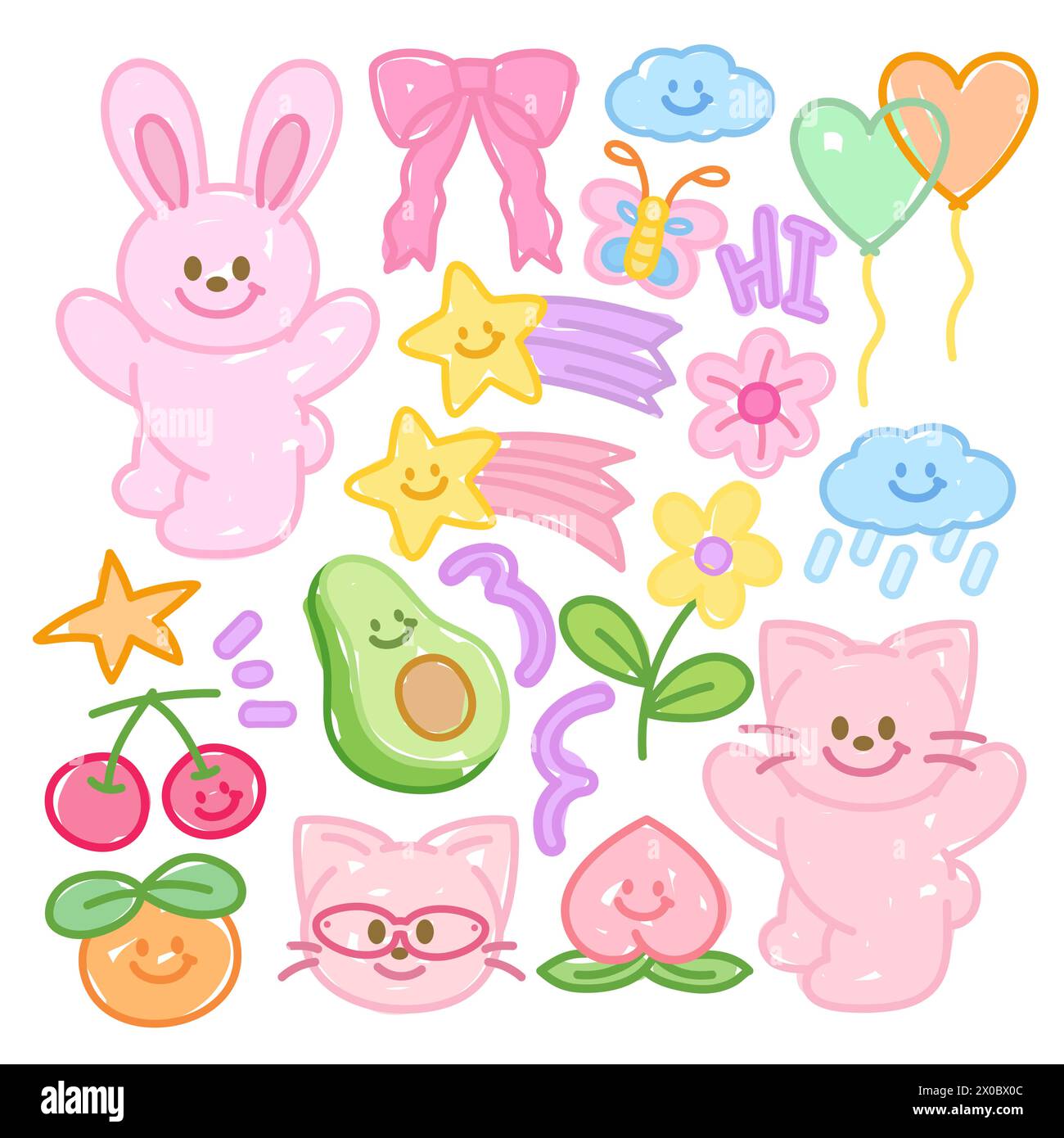 Cute doodle elements of pink bunny, butterfly, cat, cherry, avocado, orange, peach, pink ribbon, cloud, rain, flowers, shooting star, heart balloon Stock Vector