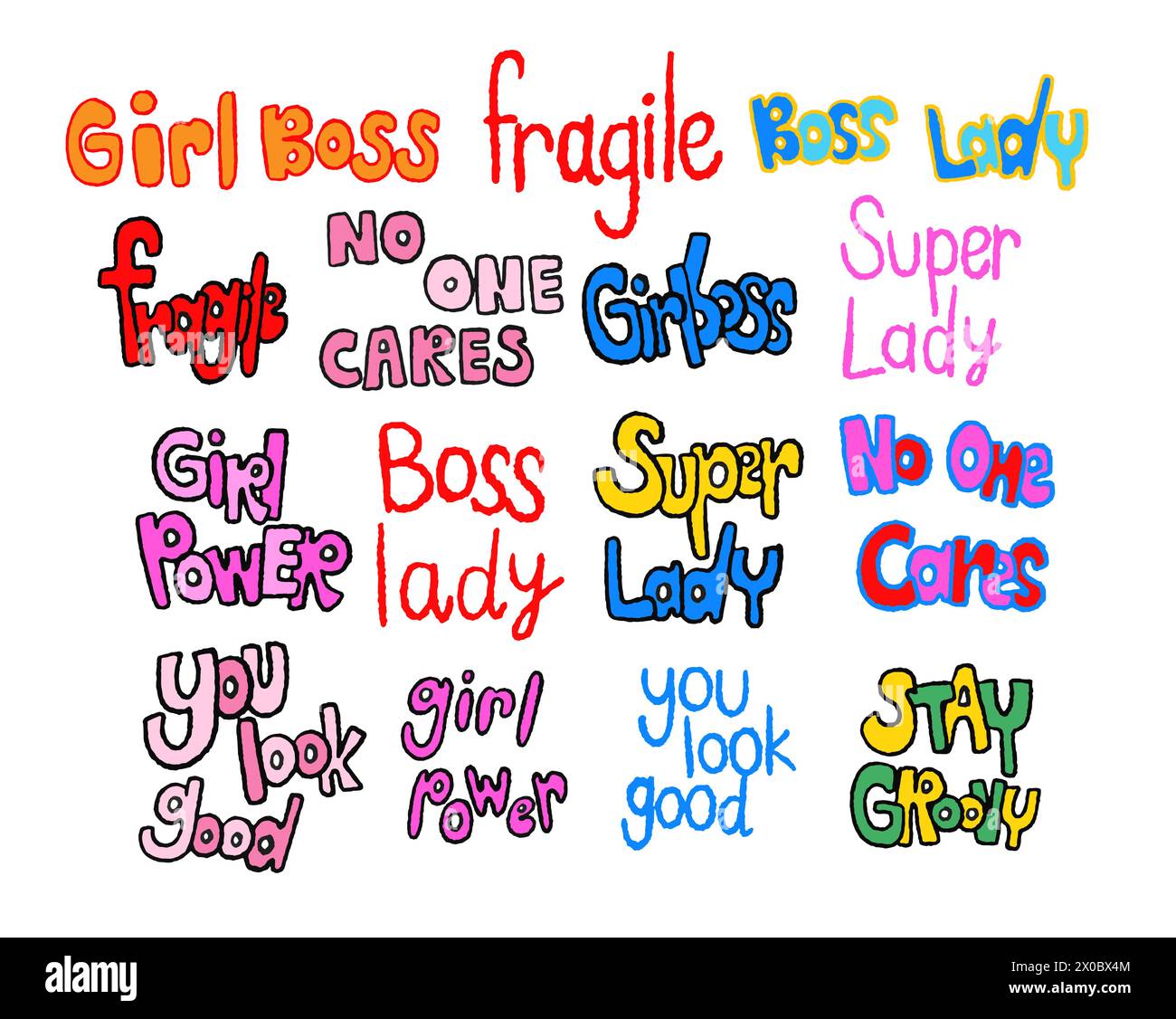 Hand drawn empowering words such as girl boss, super lady, stay groovy, girl power, fragile, no one cares, boss lady for feminist, stickers, icons Stock Vector