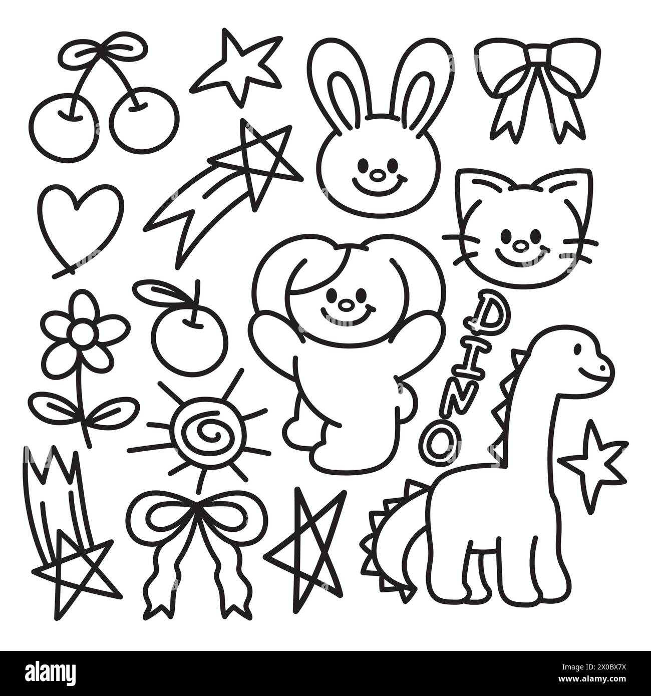 Illustration of black outlines of rabbit, dinosaur, cat, puppy, cherry, orange, ribbon, flower, shooting star, heart and sun Stock Vector