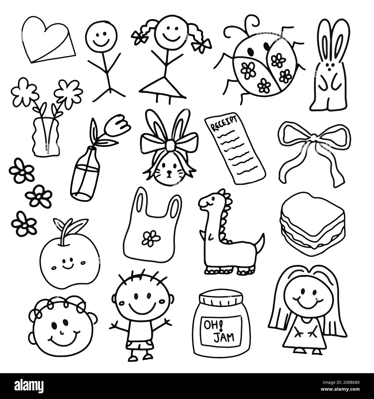 Outlines of hand drawn cute elements such as flower vase, ladybug, children, sandwich, ribbon, apple, dinosaur, jam, heart, bunny for colouring book Stock Vector
