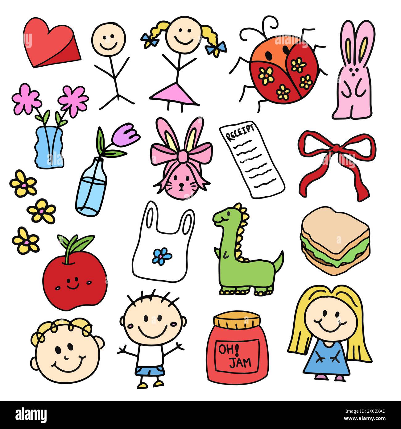 Illustration of kid drawing style of rabbit, dinosaur, ladybug, sandwich, jam jar, flowers, vase, apple, heart, shopping receipt, ribbon and children Stock Vector