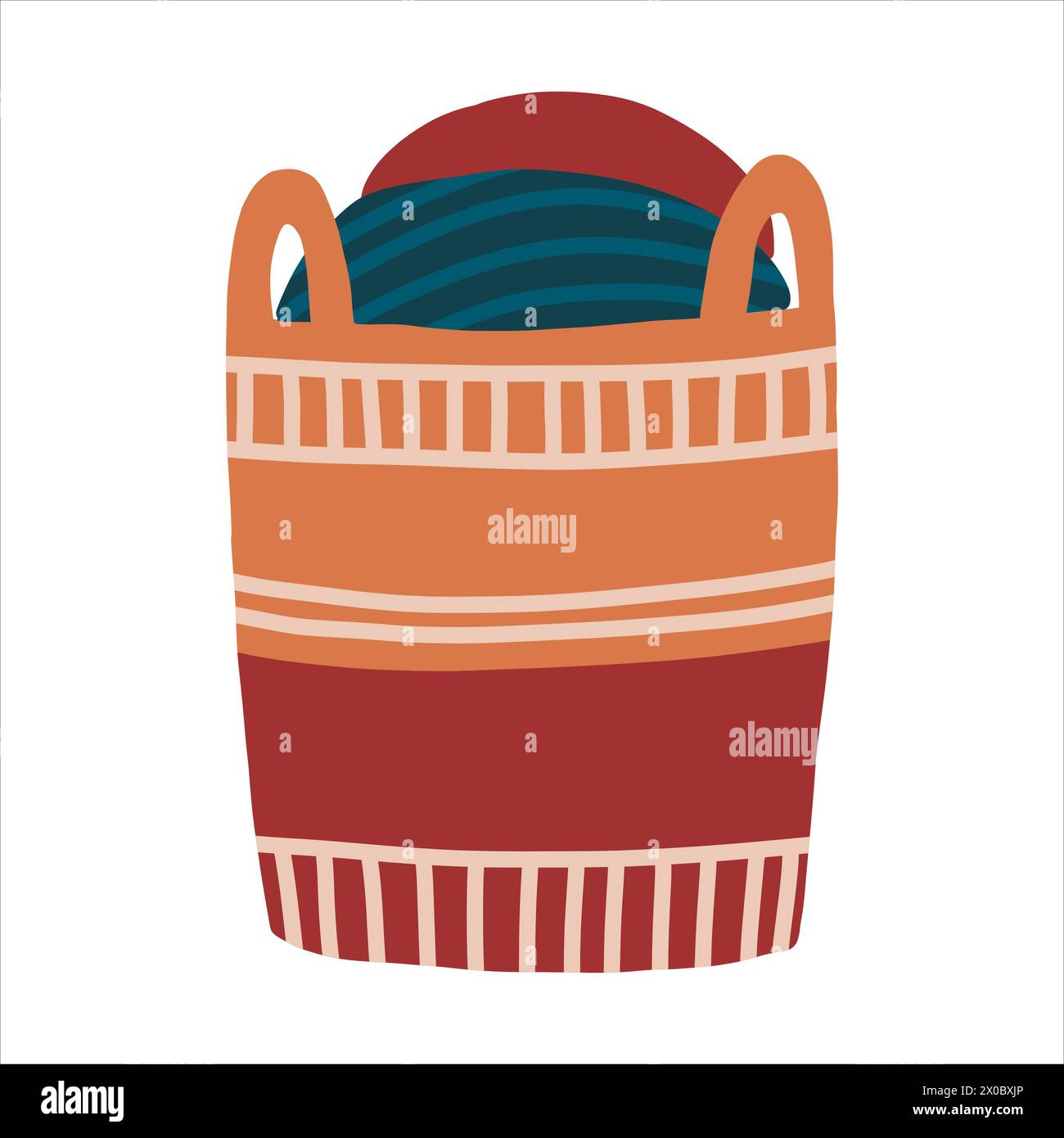 Handdrawn illustration of Hygge style basket with plaid, blankets