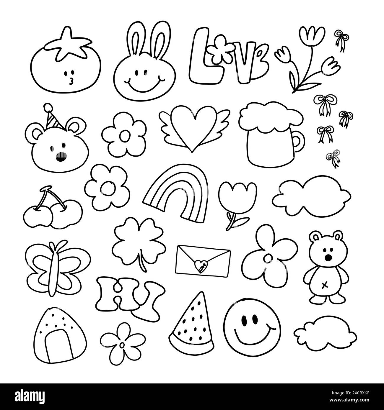 Outlines of hand drawn cute elements such as rainbow, watermelon, tomato, flowers, cherry, butterfly, clover leaf, cloud, teddy bear, bunny, heart Stock Vector