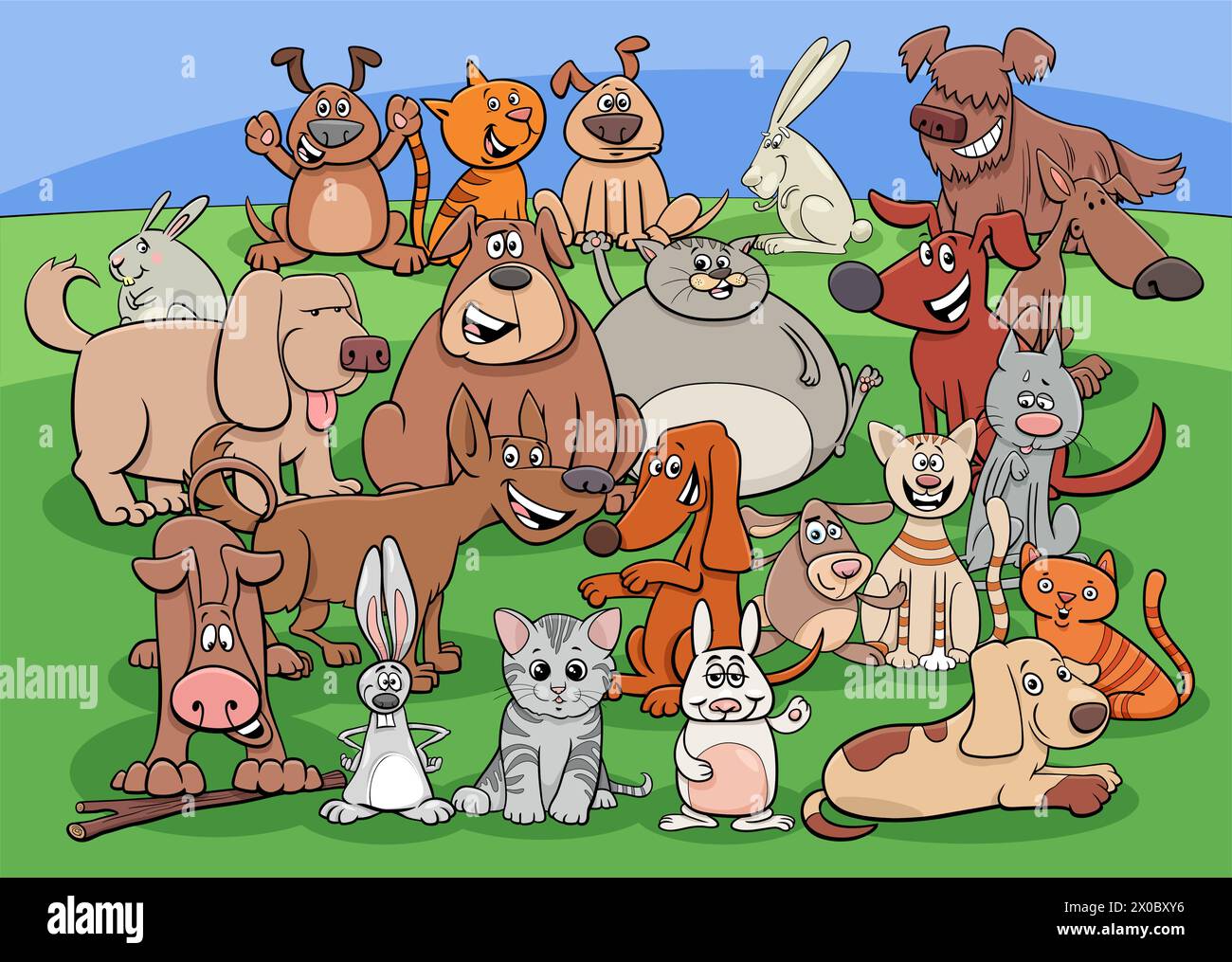 Cartoon illustration of cats and dogs and rabbits animal characters group Stock Vector