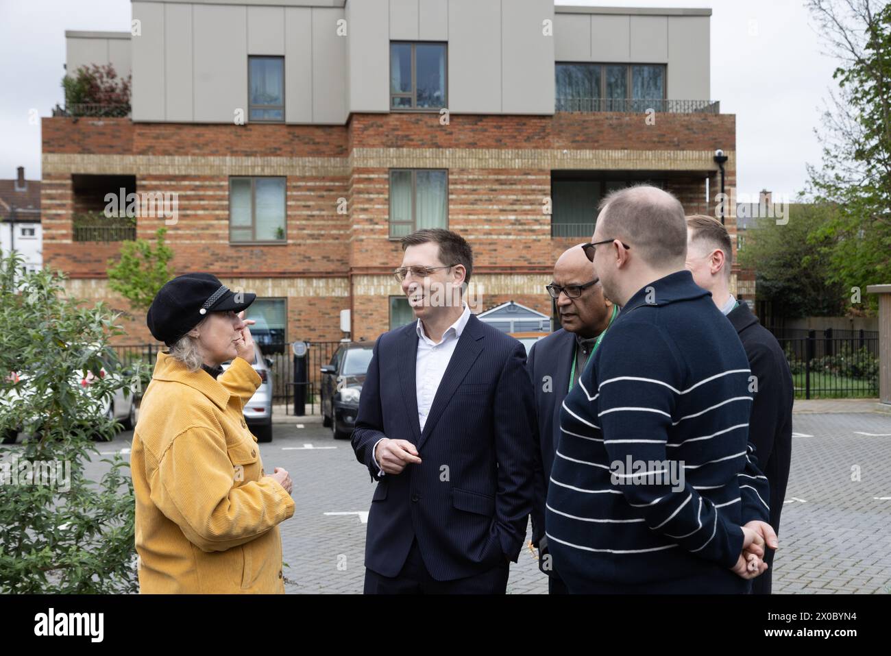 London, UK: 11th April 2024: Liberal Democrat London Mayoral candidate Rob Blackie and local councillors at the launch of his housing policy at a new development in Wallington by Sutton Living, a development company wholly owned by Sutton Council. Credit: Andy Sillett/Alamy Live News Stock Photo