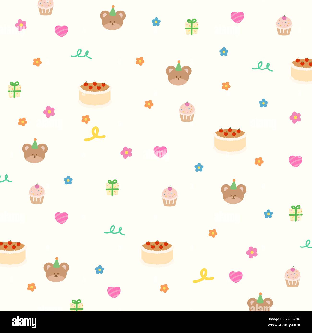 Illustration of teddy bear, cake, cupcake, gift box for birthday background, card, pattern, fabric print, wallpaper, kid clothes, summer, picnic Stock Vector