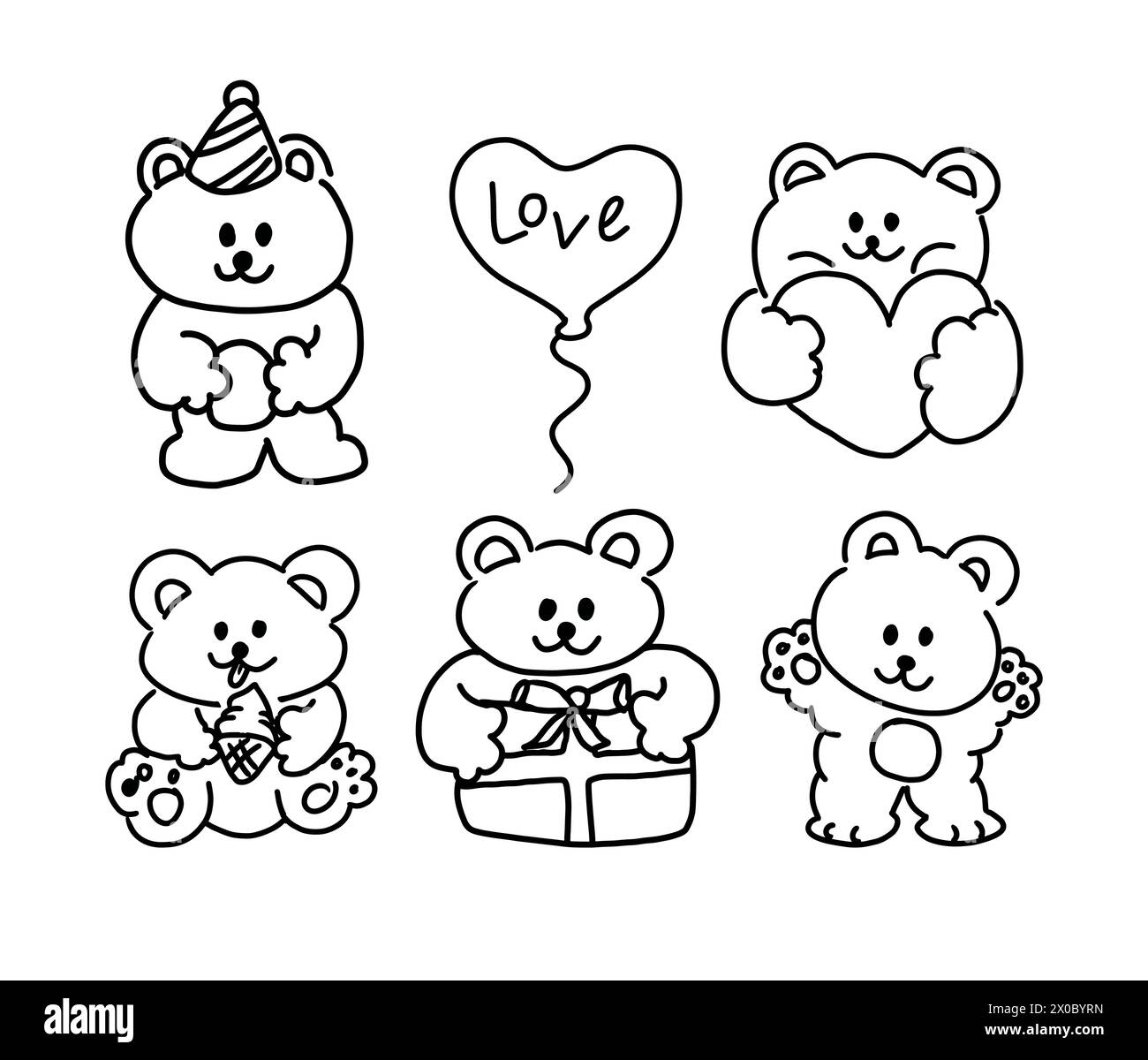 Hand drawn outlines of teddy bear, heart, balloon, gift box, party hat, ice cream for kid colouring book, black and white stickers, cartoon, mascot Stock Vector