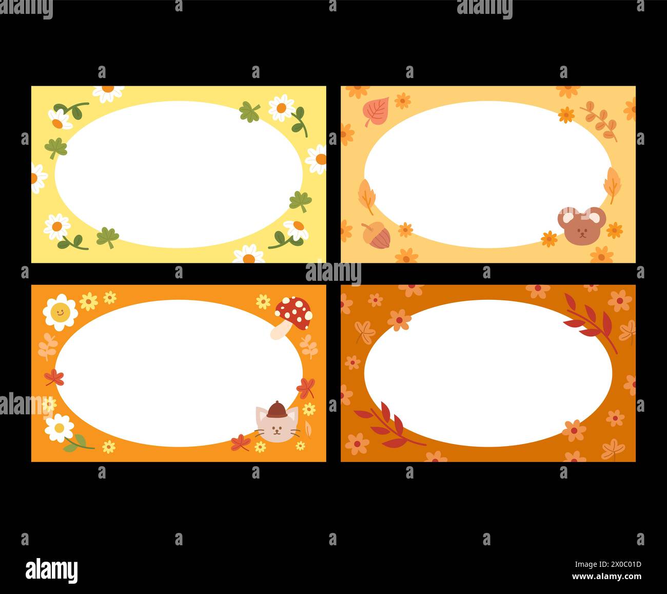 Autumn rectangle frames with autumn flowers, leaves, cat, teddy bear, mushroom for banner, ad template, business, name tags, marketing, background Stock Vector