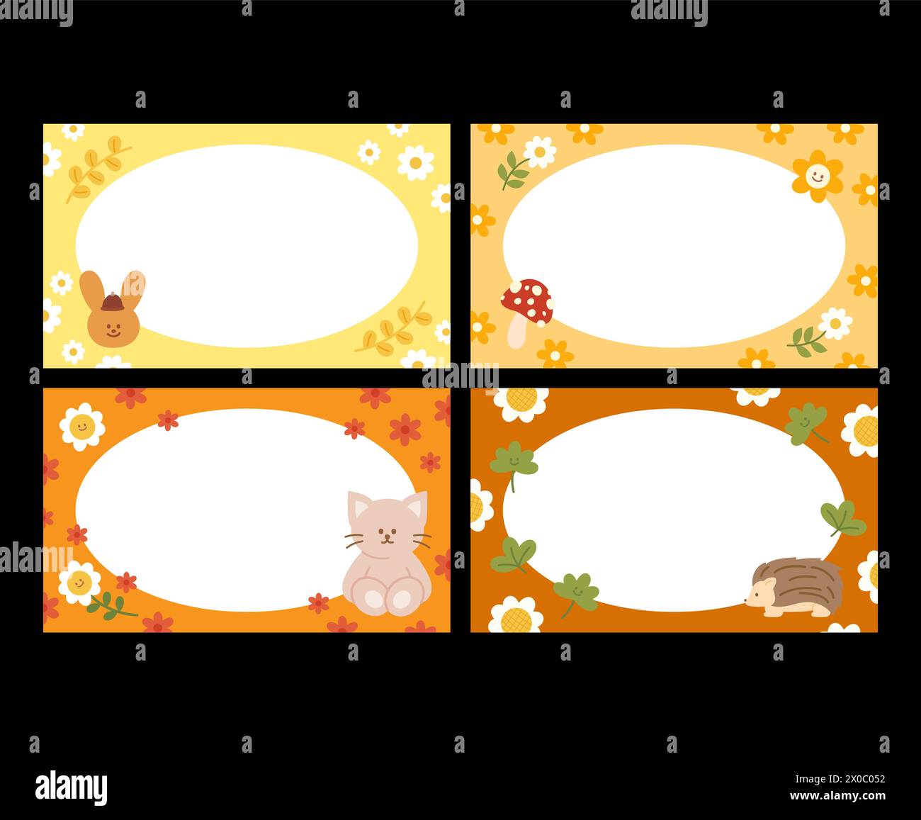 Autumn rectangle frame with autumn flowers, leaves, cat, hedgehog, mushroom, bunny for banner, ad template, business, name tags, marketing, background Stock Vector