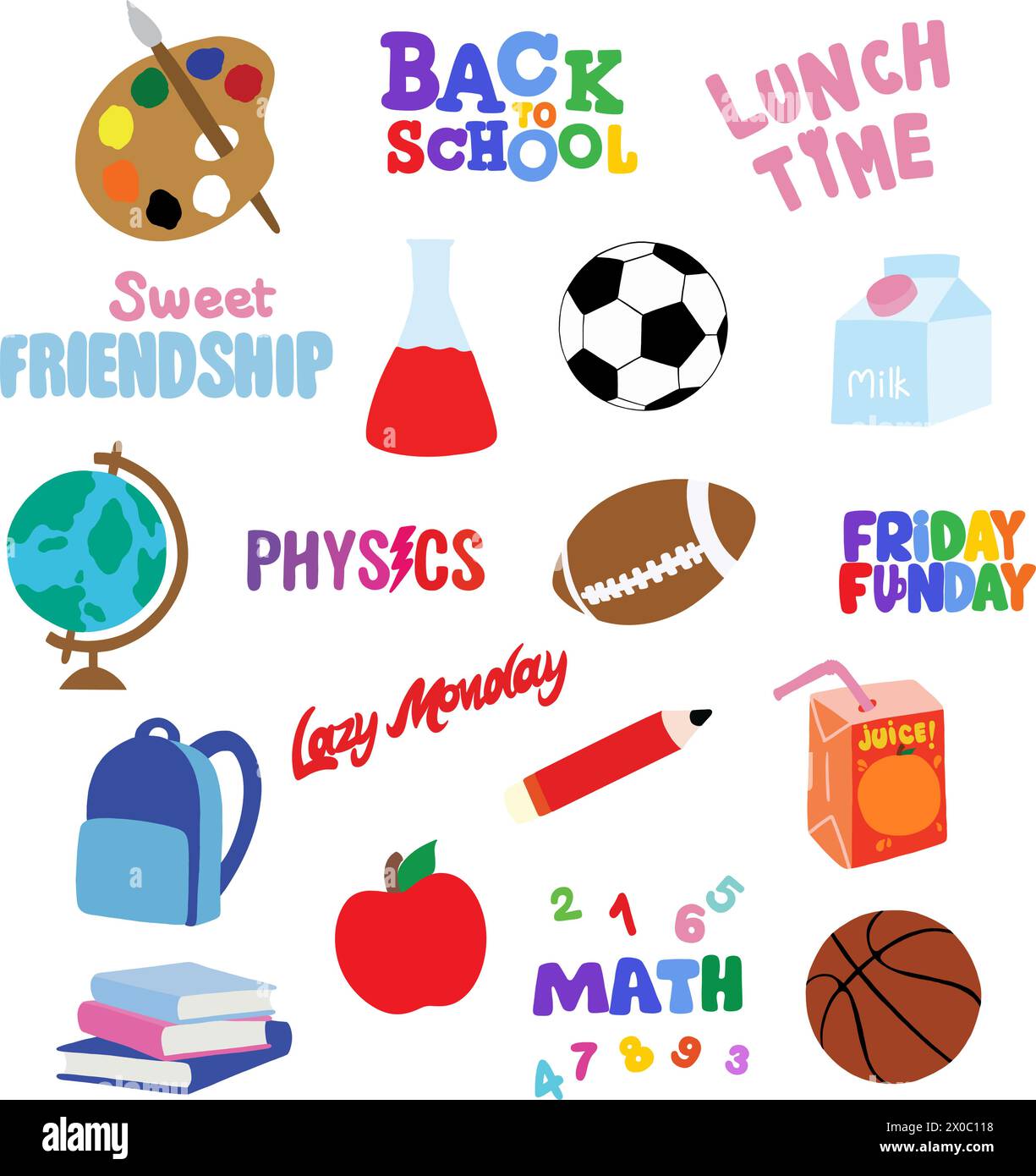 Hand drawn back to school icons such as water colours, rugby ball, foot ball, basketball, milk box, juice box, globe, school bag, apple, math subject Stock Vector