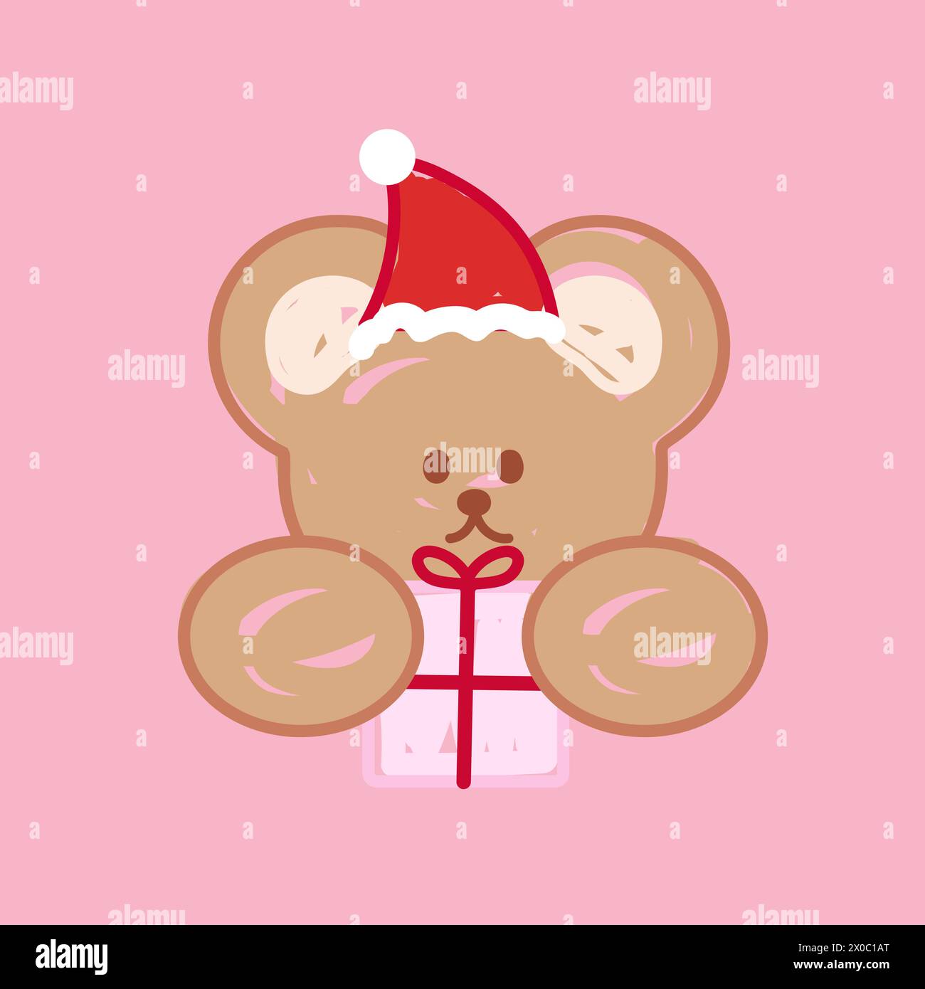Illustration of teddy bear, Christmas hat, gift box on a pastel pink