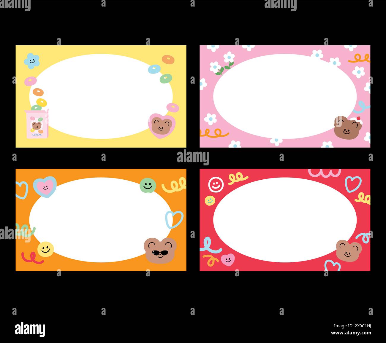 Rectangle teddy bear name tags with cereal box, flowers, heart and doodle elements for banner, pastel template, cute frame, social media, post card Stock Vector