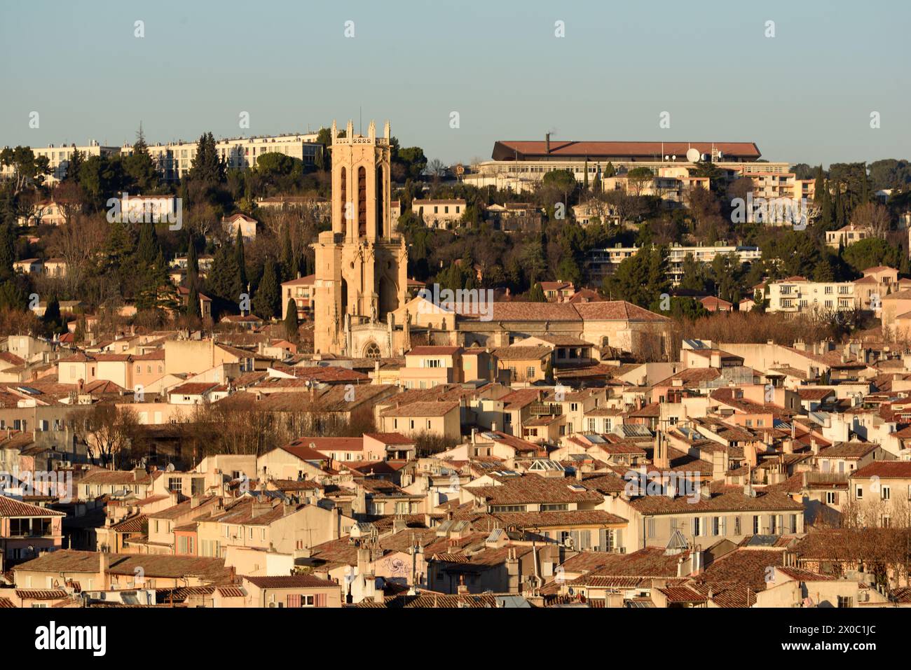 Aerial View over the Old Town or Historic District of Aix-en-Provence with Aix Cathedral and Tiled Rooftops Provence France Stock Photo