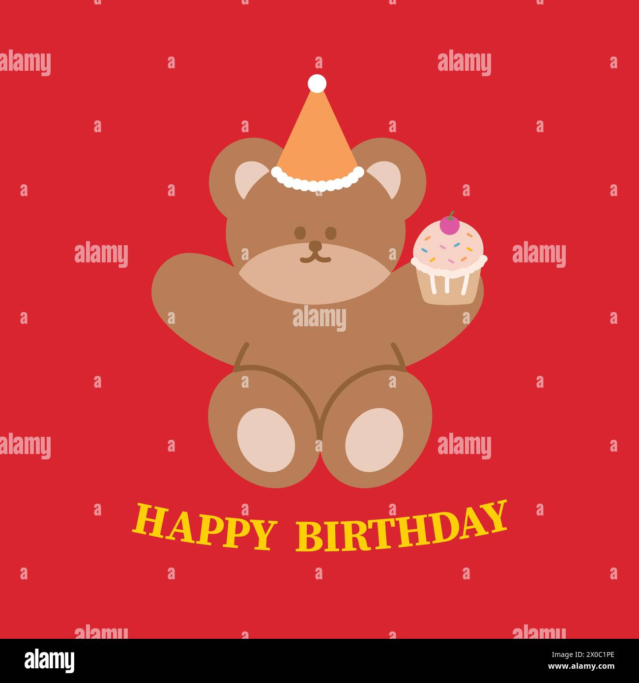 Illustration of teddy bear, party hat, cupcake and HAPPY BIRTHDAY