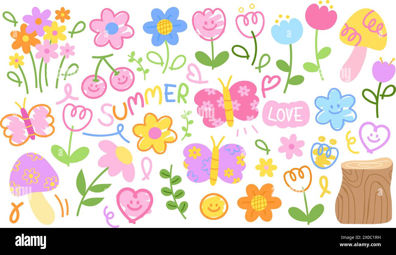 Pastel doodle illustrations of flowers, butterfly, cherry, heart, mushroom for spring and summer elements, cute stickers, print, nature, garden, font Stock Vector