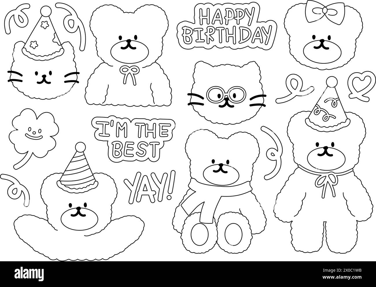 Outline illustration of birthday elements such as teddy bear, cat, party hat, HAPPY BIRTHDAY letters, clover leaf for stickers, tattoo, card, icons Stock Vector