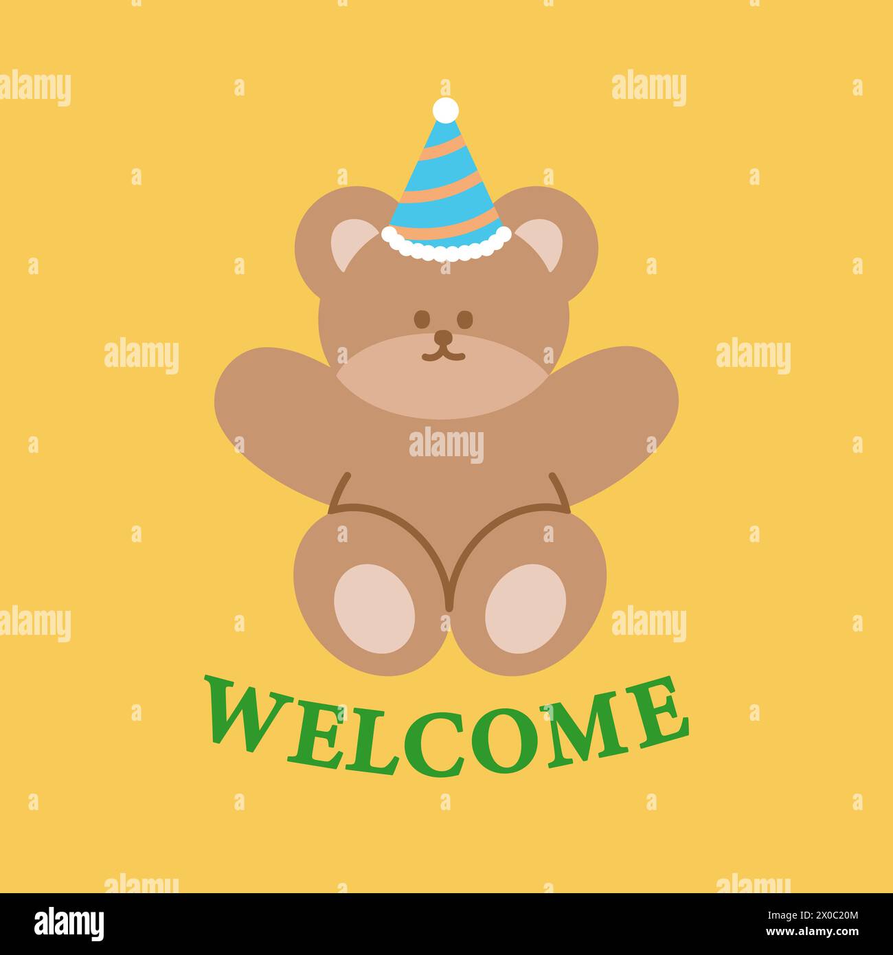 Illustration of teddy bear, party hat and WELCOME letters on a pastel yellow background for invitation card, print, animal wallpaper, cartoon, zoo Stock Vector