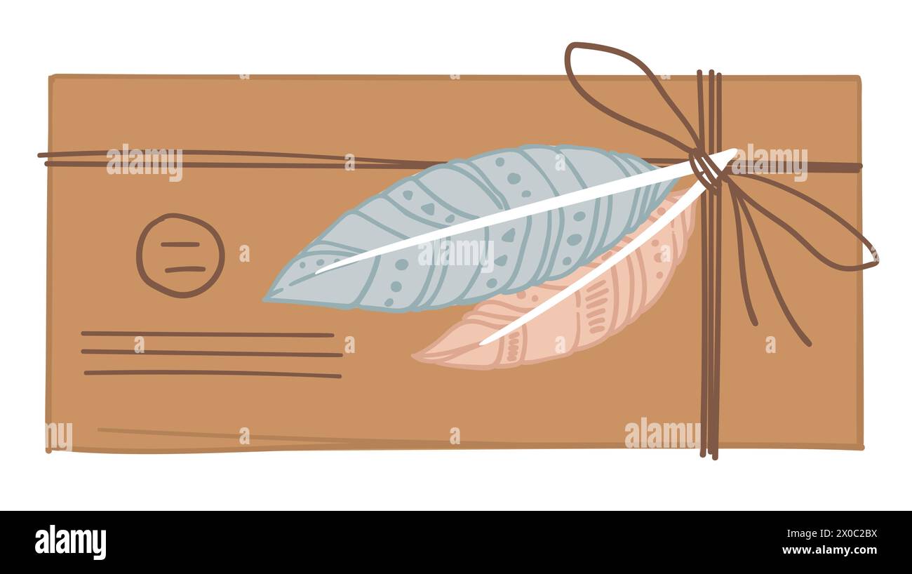 Vintage envelope tied with thread and feathers Stock Vector