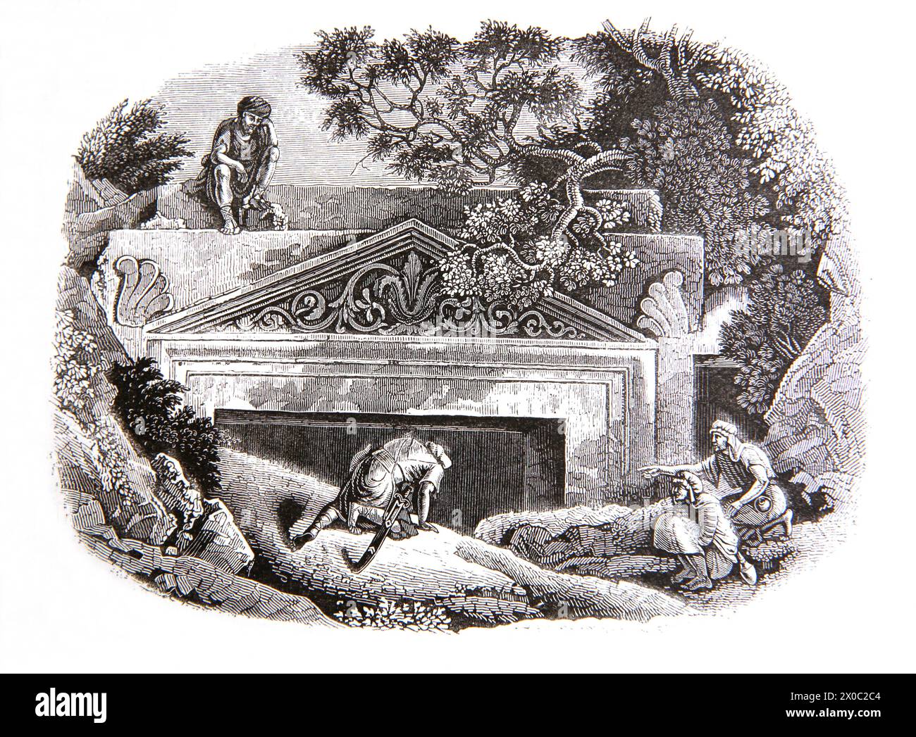 Illustration of  1st Century Jehoshaphat Tomb the Fourth King of Judah behind Absalom's Pillar at Valley of Jehoshaphat Antique 19th Century Illustrat Stock Photo