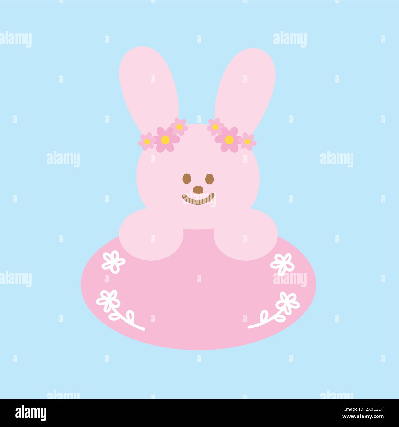 Illustration of pink bunny name tag on a pastel blue background for spring, summer, picnic, card print, animal wallpaper, cartoon, easter, pet, vet Stock Vector