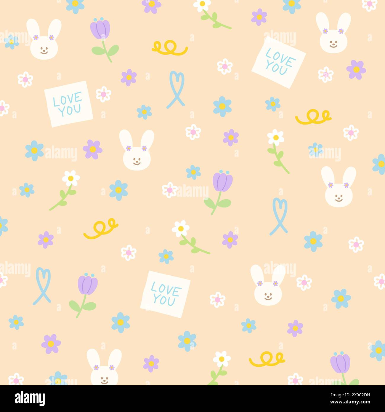 Bunny and flowers on a pastel orange background for easter, summer wallpaper, fabric print, animal pattern, kid cloth, cute textile, gift wrap, nature Stock Vector