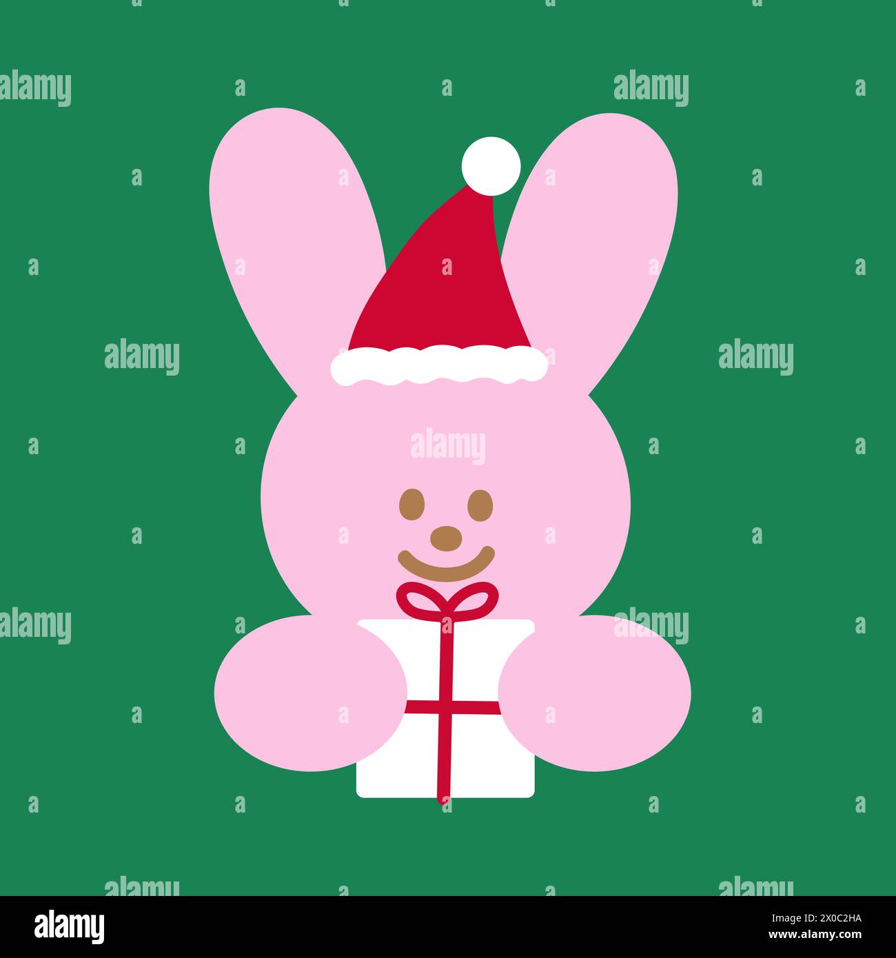Illustration of pink bunny, Christmas hat, gift box on a green background for festive winter, card print, Christmas wallpaper, social media, cartoon Stock Vector
