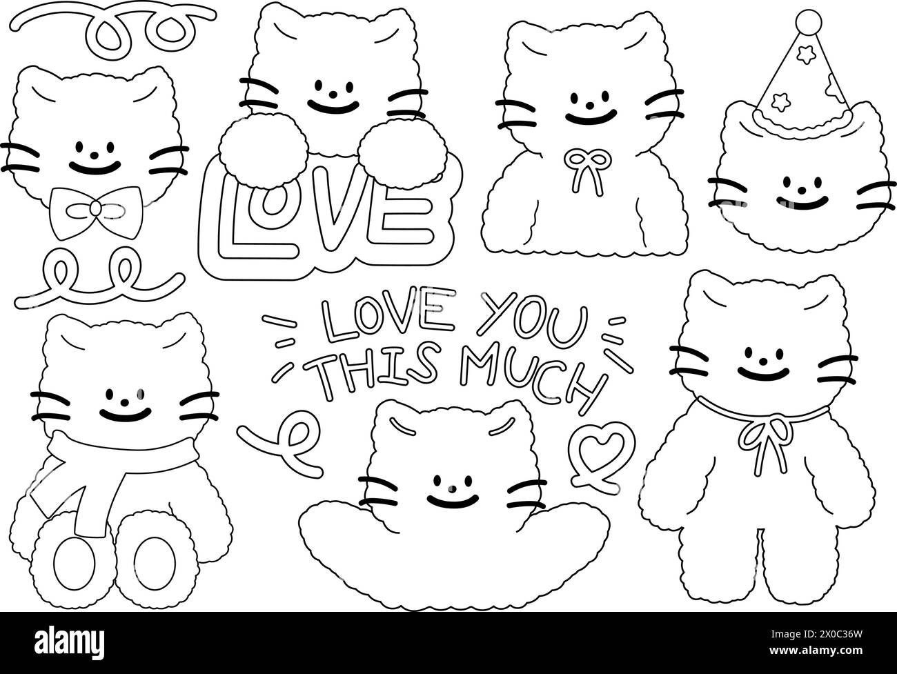 Outlines of cat with party hat, LOVE letters, winter scarf, heart, ribbon for kid colouring book, sticker, tattoo, animals, pet, vet, pet shop, icon Stock Vector