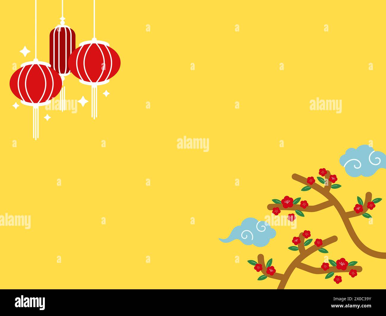 Yellow background with red lanterns, clouds, tree roots for Chinese New Year, Chuseok, mid autumn festival, celebration, wallpaper, banner, frame, ads Stock Vector