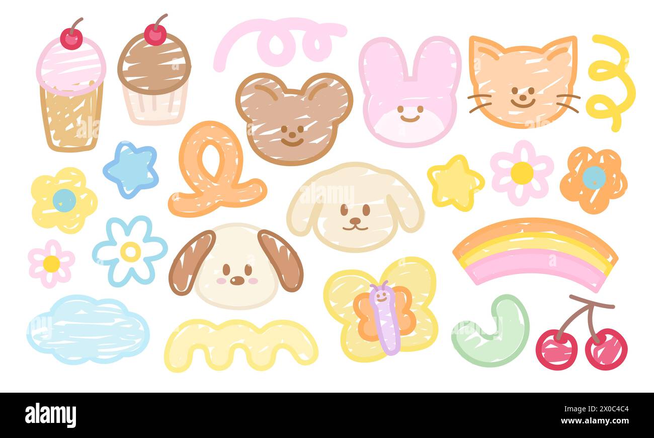 Doodle illustrations of cupcake, teddy bear, bunny, cat, flowers, puppy, butterfly, rainbow, cherry, cloud and abstract elements for decoration, print Stock Vector