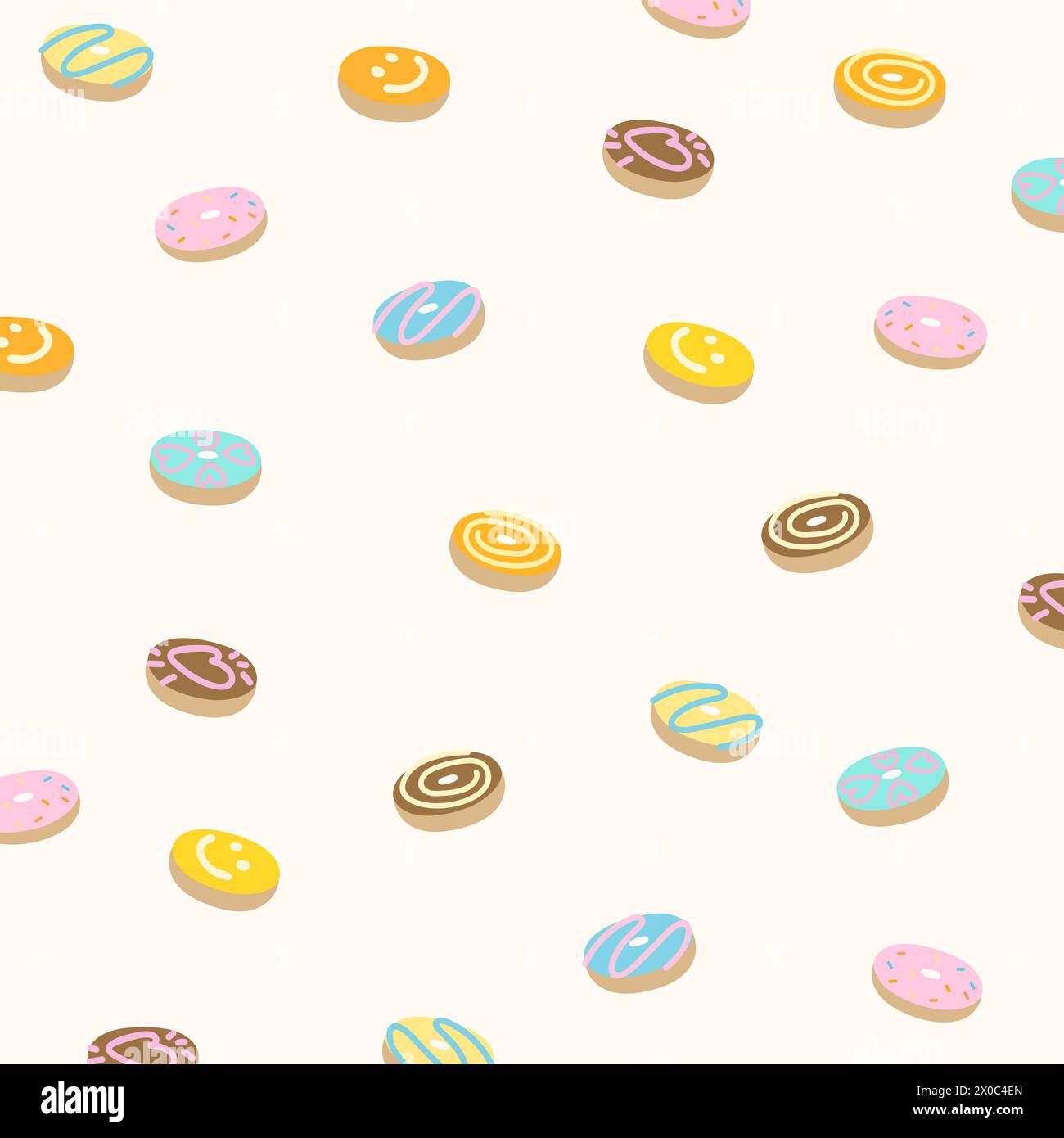 Various flavours of doughnut background for sweet dessert wallpaper, packaging, pattern, baking book cover, cafe, restaurant, menu decoration, recipe Stock Vector