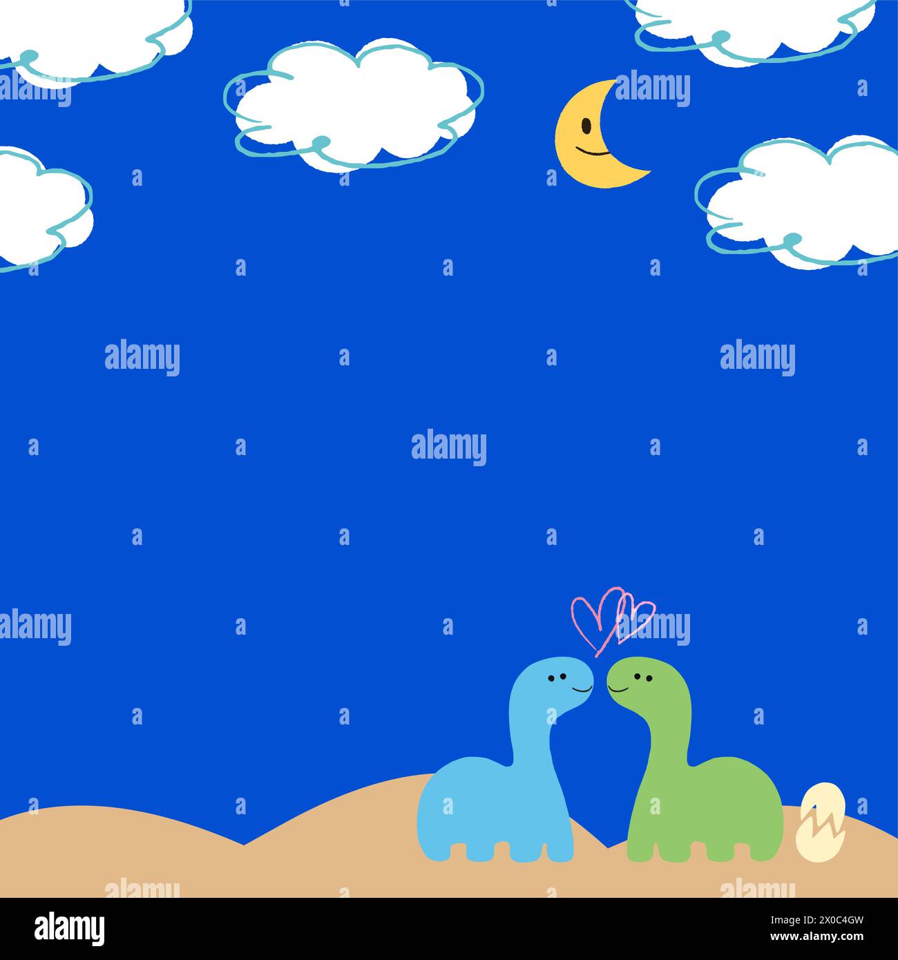 Hand drawn dinosaurs with blue sky, cloud, moon for background, backdrop, wallpaper, banner, ad template, cover design, brochure, cartoon, characters Stock Vector
