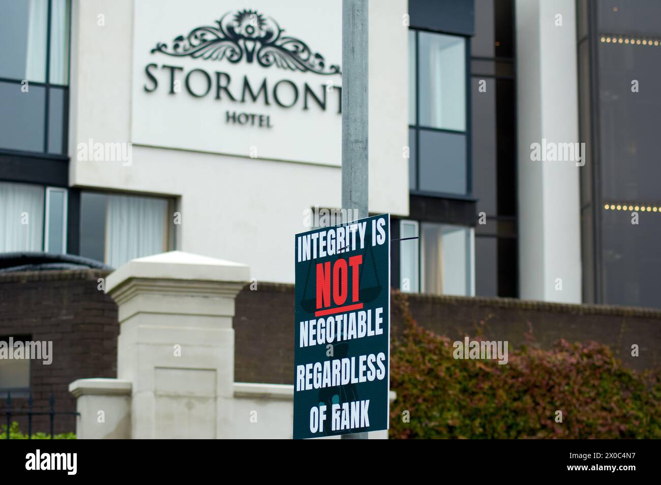 Belfast, United Kingdom 11 04 2024 Posters outside Stormont Hotel as NI Policing Board holds meeting Belfast Northern Ireland Credit: HeadlineX/Alamy Live News Stock Photo