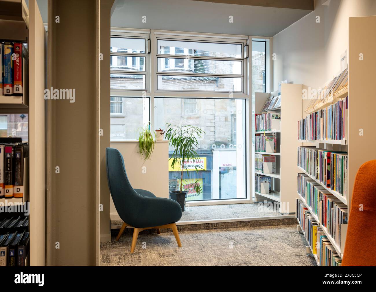 Comfortable seating at the Paisley Central Library opened in 2023 on Paisley High Street Stock Photo