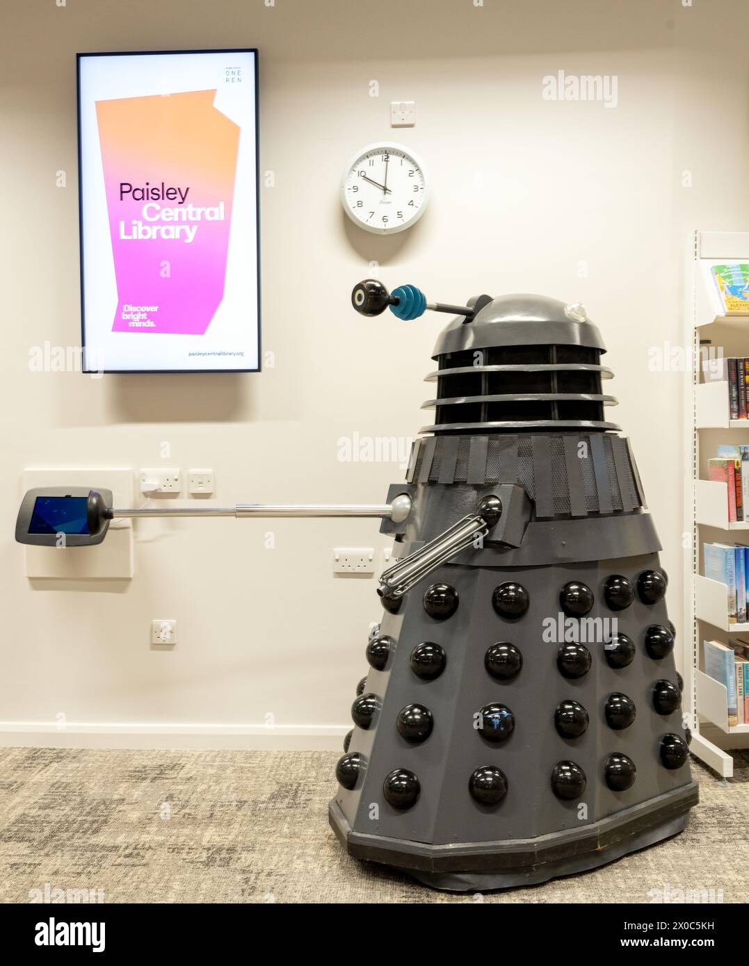 The Dalek in the Paisley Central Library opened in 2023 on Paisley High Street Stock Photo