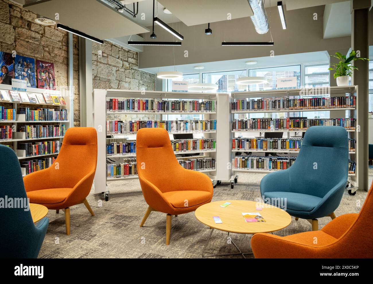 Comfortable seating at the Paisley Central Library opened in 2023 on Paisley High Street Stock Photo
