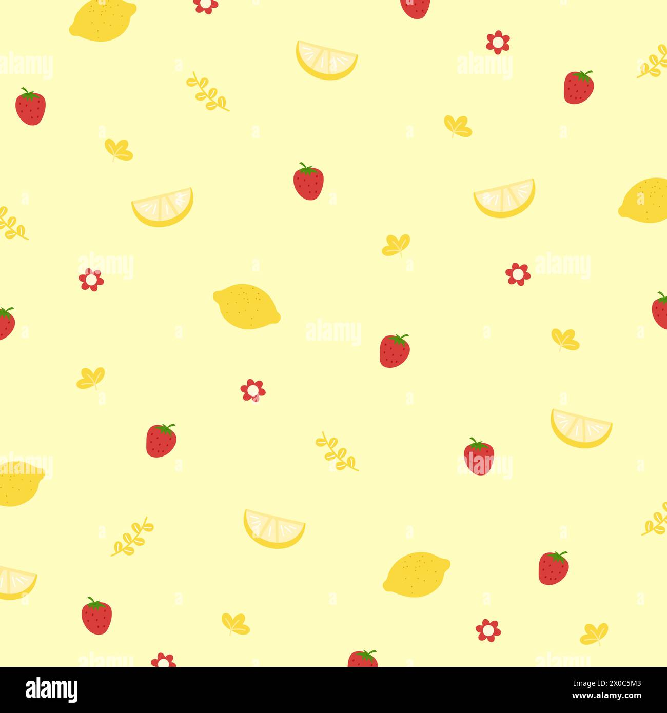 Strawberry, lemon, flower on a pastel yellow background for summer wallpaper, fabric print, fruity pattern, kid clothes, supermarket, grocery shopping Stock Vector