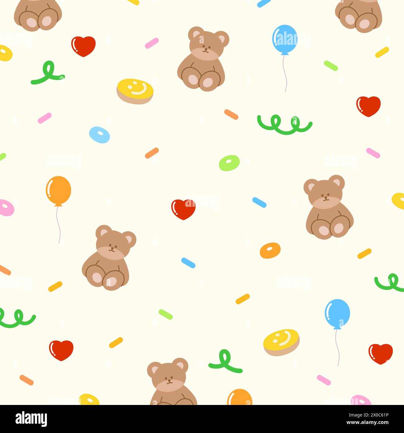 Illustration of teddy bear, donut, heart, balloon, doodles for animal, wallpaper, background, gift wrap, backdrop, kid clothes, pattern, packaging Stock Vector